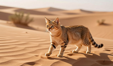 A curious cat wanders across vast, undulating sand dunes, its fur glimmering in the warm sunlight of the early evening. The serene desert scene showcases nature's beauty.の写真素材