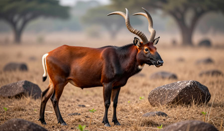 In the soft light of dawn, a striking antelope roams the vast grasslands, showcasing its impressive...