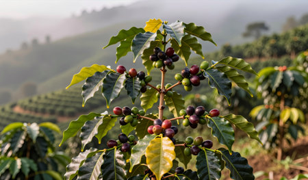 Coffee trees flourish in an enchanting landscape as ripe cherries dangle from branches. The misty hills create a magical backdrop, showcasing nature's beauty and harvest time.の写真素材