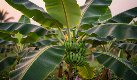 Clusters of bright green bananas hang from sturdy banana plants, surrounded by vibrant leaves. A warm sunset casts a soft glow over the peaceful farming landscape, inviting tranquility and growth.の写真素材