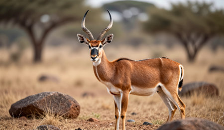 A graceful antelope with striking horns pauses in a serene savannah, surrounded by stones and sparse trees. The warm light of dusk enhances the beauty of this wild scene.の写真素材
