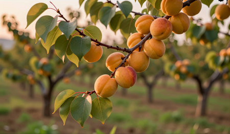 Golden apricots hang from lush green branches in a serene orchard at sunset. The warm glow enriches the vibrant colors, creating a tranquil scene of natureâs bounty.の写真素材