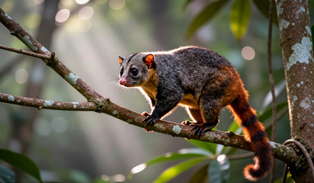 In a lush forest, a colorful marsupial balances on a branch, illuminated by gentle sunlight...