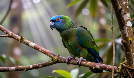 A vibrant parrot with green and blue feathers rests on a branch in a dense tropical rainforest,...