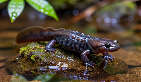 A striking salamander with black and orange patterns moves gracefully over a moss-covered rock in a...