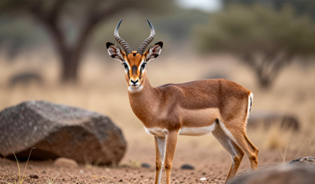 A gazelle stands elegantly on the sandy ground, surrounded by rocks in the savanna. The sun begins...