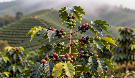 Vibrant coffee trees display a mix of dark and bright beans nestled among glossy green leaves. Lush...