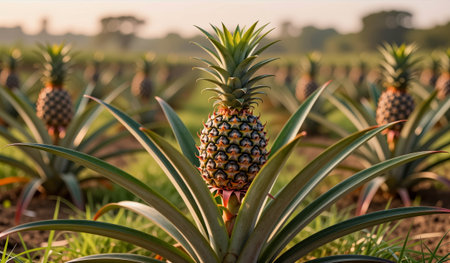 Lush green pineapple plants stretch toward the setting sun, illuminating the vibrant fruit. Rows of healthy pineapples bask in the evening light, creating a serene agricultural landscape.の写真素材