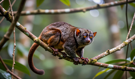 In the heart of a lush rainforest, a small, agile creature perches on a slender branch, its bright...