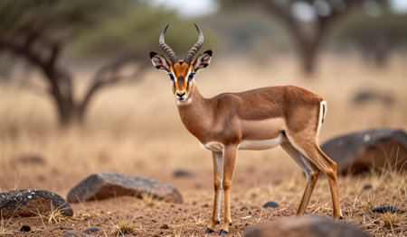 A sleek antelope with elegant curves surveys its surroundings in the golden grasslands at dawn. Soft light paints the landscape, while nearby stones add texture to the serene scene.の写真素材