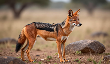 A black-backed jackal poses gracefully in a sun-drenched grassland, surrounded by smooth stones and sparse vegetation. Its keen eyes survey the serene landscape, showcasing its vibrant fur.の写真素材