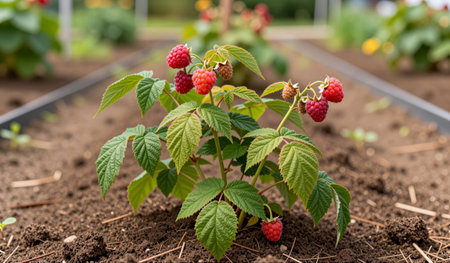 Bright red raspberries hang from a lush green plant in a thriving garden. Sunlight bathes the soil...