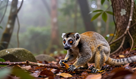 In a vibrant jungle, a curious lemur examines fallen leaves on the ground, surrounded by lush trees...