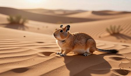 A small, adventurous creature investigates the warm, rippling sands of the desert. Soft sunlight...