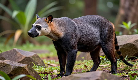 A unique, medium-sized creature wanders through a vibrant rainforest, navigating among rocks and...