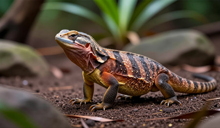 A vibrant lizard moves gracefully across the earthy ground, surrounded by green foliage and dappled...