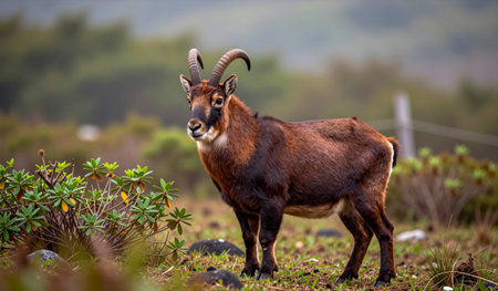 A striking goat with curved horns grazes peacefully in a vibrant meadow. The soft morning light...