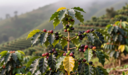 Ripe coffee cherries dangle from vibrant green leaves, surrounded by rolling hills. The fresh morning air highlights the beauty of a thriving coffee plantation, showcasing nature's bounty.の写真素材