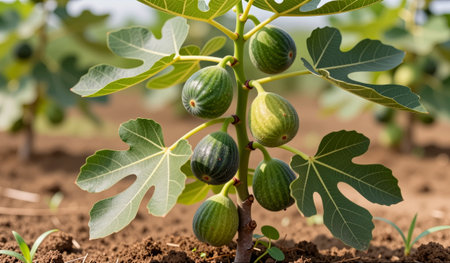 In a vibrant field bathed in sunlight, a young fig tree displays clusters of ripe green and purple...