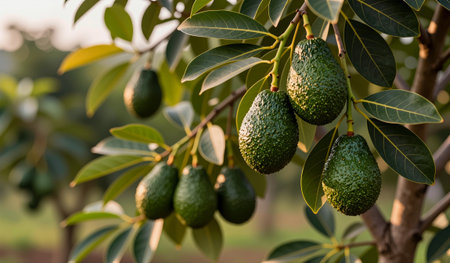 Sunlight filters through the leaves as plump green avocados dangle gracefully from a tree branch in a lively orchard. Nature bursts with life and abundance in this serene setting.の写真素材