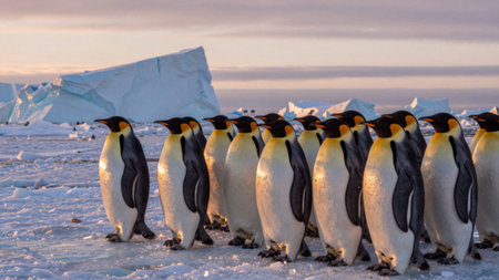 A group of penguins stands in a line on icy ground. They face towards the camera as icebergs fill the background. The sun sets in the distance, casting a warm glow over the scene.の写真素材