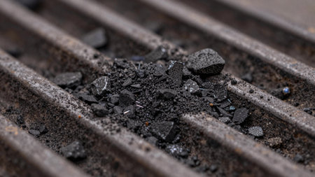 Small black particles lie on a textured metal surface with grooves. Dust and debris are present. The scene shows signs of recent work in a workshop setting.の写真素材