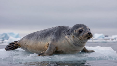 A seal is on a piece of ice in a cold area. The water surrounds the ice, and gray clouds cover the sky. This scene shows the wildlife in a winter setting.の写真素材