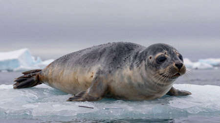 A seal is lying on a piece of ice in cold waters. The surrounding area includes floating ice and an overcast sky. The seal looks calm as it enjoys the moment.の写真素材