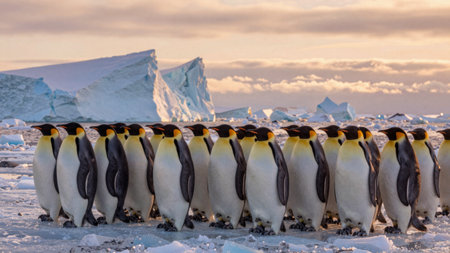 A group of emperor penguins stands in a line on the ice in Antarctica. The sun sets in the background, casting light on the landscape and icebergs nearby.の写真素材
