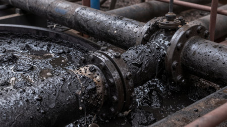 Workers perform maintenance on an oil pipeline. The pipes are partially covered in dirt and carry black liquid. Tools and equipment are present around the site.の写真素材