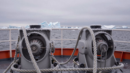 Two navigational instruments sit on the deck of a ship. Frost covers the equipment while icebergs float in the water. The sky is cloudy and gray, creating a chilly atmosphere.の写真素材