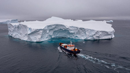 A boat moves through cold waters near a massive iceberg. The sky is overcast, and the scene captures the natural beauty of the icy landscape. The boat explores this unique environment.の写真素材
