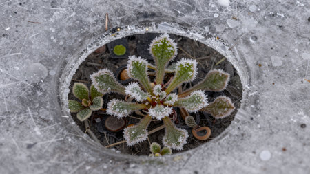 A small plant grows through a circular opening in the ice on the ground. Surrounding the plant, the ice is clear and shows frost. This scene captures the interaction of nature and winter.の写真素材