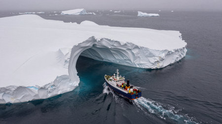 A boat moves through cold ocean waters close to a large ice structure. Fog covers the area, creating a unique atmosphere as the vessel navigates the icy landscape.の写真素材