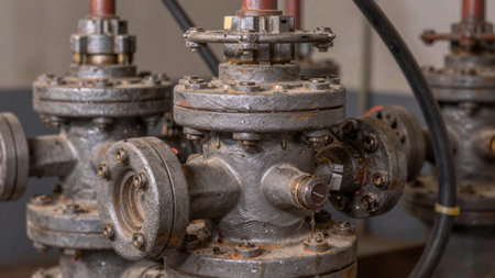 Several industrial valves are seen close together in a factory. The valves have a metallic finish and are connected to pipes. Some mechanical parts are visible around the valves.の写真素材