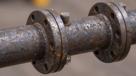 The metal pipe joint connects two sections of piping. The surface shows signs of rust and dirt, with bolts securing the connection. Surroundings are blurred, indicating an industrial space.の写真素材