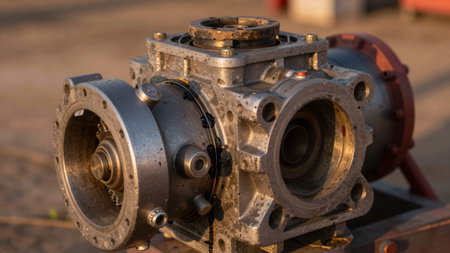 An engine part sits on a workbench covered in grease and dirt. Tools and other materials are nearby as light from the sunset illuminates the workspace.の写真素材