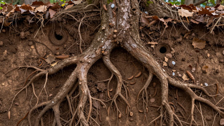 Roots of a tree are visible along the ground in a forest. The soil is disturbed and some leaves are scattered around. Small insects move near the roots.の写真素材