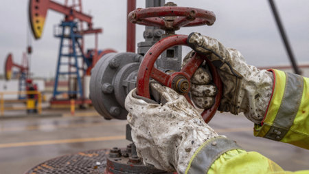A worker in gloves turns a valve at an oil rig site. The setting is cloudy with visible equipment in the background. The scene shows industrial activity and focus on the task.の写真素材