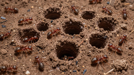 Ants are active near their tunnels in the soil. They are busy collecting food and interacting with each other during the day in their colony.の写真素材