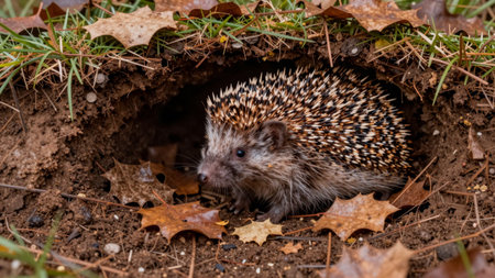 A hedgehog is coming out of a burrow in the ground. There are brown leaves scattered on the grass around it. The scene shows the hedgehog in its natural habitat.の写真素材