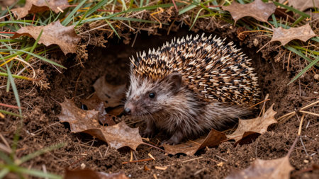 A hedgehog is inside its burrow covered with brown leaves and grass. It looks around in search of food during the autumn season in a natural habitat.の写真素材