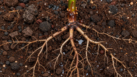 A young plant shows its thin roots spreading out into moist soil. The soil contains small stones and bits of organic matter. This scene highlights the growth process.の写真素材