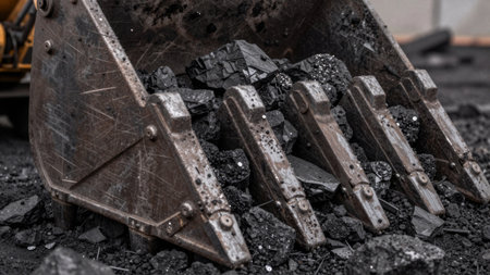 A large machine picks up pieces of coal from the ground. The area is covered with dark coal and machinery is working under clear skies. Heavy equipment is visible in the background.の写真素材