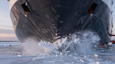 A large ship moves through frozen water, breaking the thick ice beneath it. The scene shows chunks of ice breaking apart as the ship progresses. The sun sets in the background.の写真素材