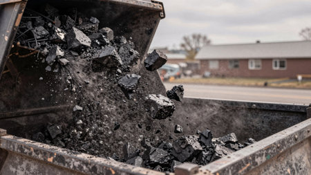 A truck is dropping large chunks of black material into a dumpster located beside a road. Homes can be seen in the background as the sky appears cloudy.の写真素材
