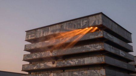 Light shines through the spaces between layers of a building at sunset. The scene captures the structure in an urban setting with a clear sky above.の写真素材
