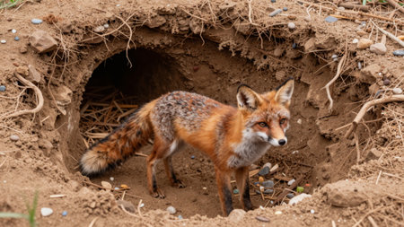 A fox is seen at the entrance of its burrow in the dirt. The animal looks alert with its ears raised and fur showing various colors. Small stones and dirt are around the area.の写真素材