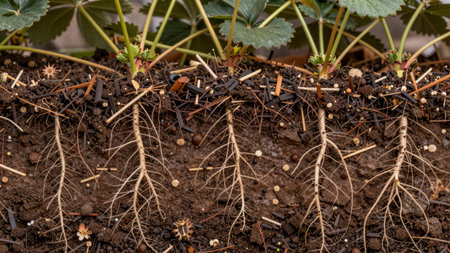 Roots of strawberry plants are shown growing in soil. The image captures the connection between the plants and the earth they grow in. The scene is well lit in daylight.の写真素材
