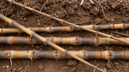 Bamboo sticks rest on the ground, surrounded by dirt and small rocks. The setting shows a rural area with no signs of people or buildings in view.の写真素材